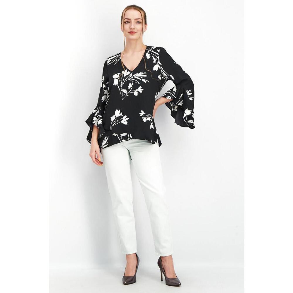 Vince Camuto Black White Floral V-Neck Ruffle Bell Sleeve Blouse - Picture 1 of 9